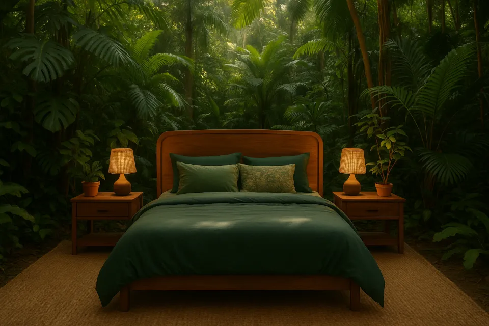 Dormitorio acogedor con cama de madera y fondo tropical