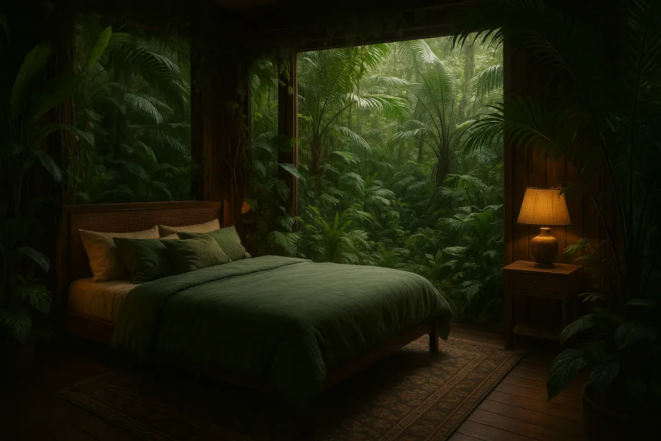Dormitorio con cama y lámpara, que da a la selva tropical