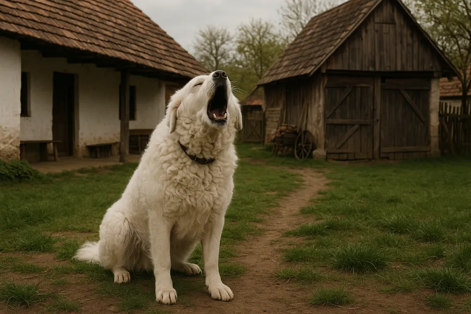 Perro de raza pastora bergamasca frente a un patio rural tradicional