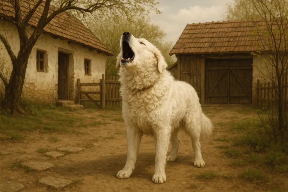 Perro de raza bergamasco aullando frente a una casa de campo