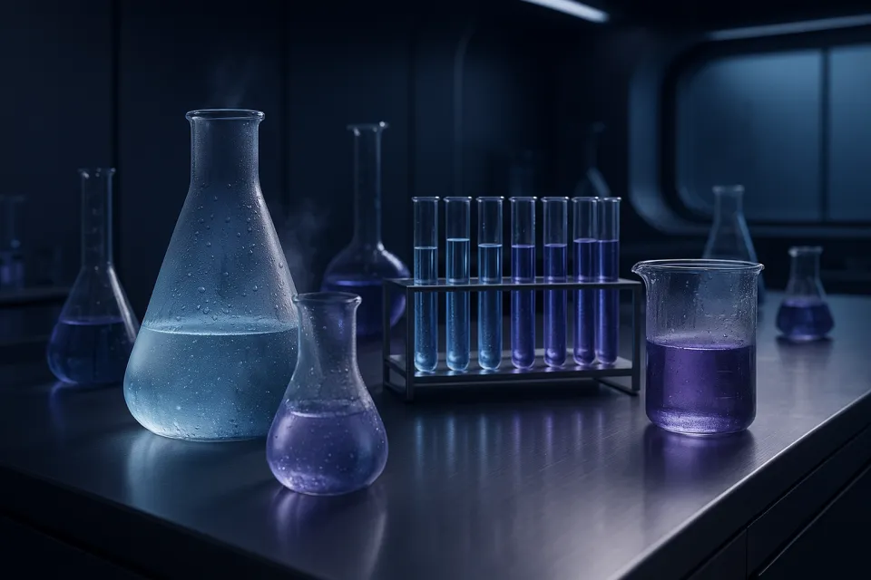 Frascos y tubos de ensayo transparentes con líquidos en un laboratorio oscuro