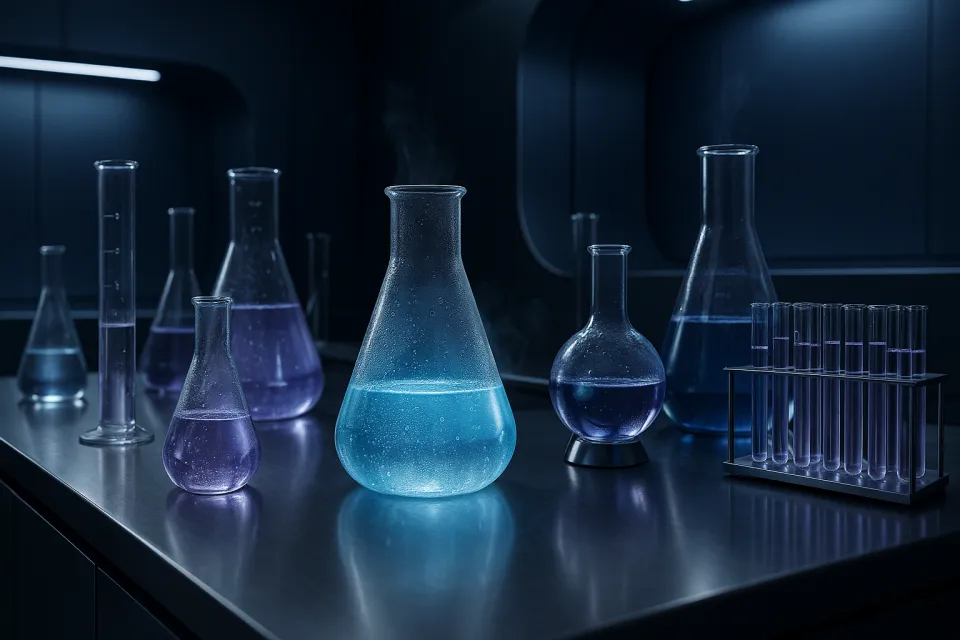 Diferentes frascos experimentales con líquidos de colores en un laboratorio