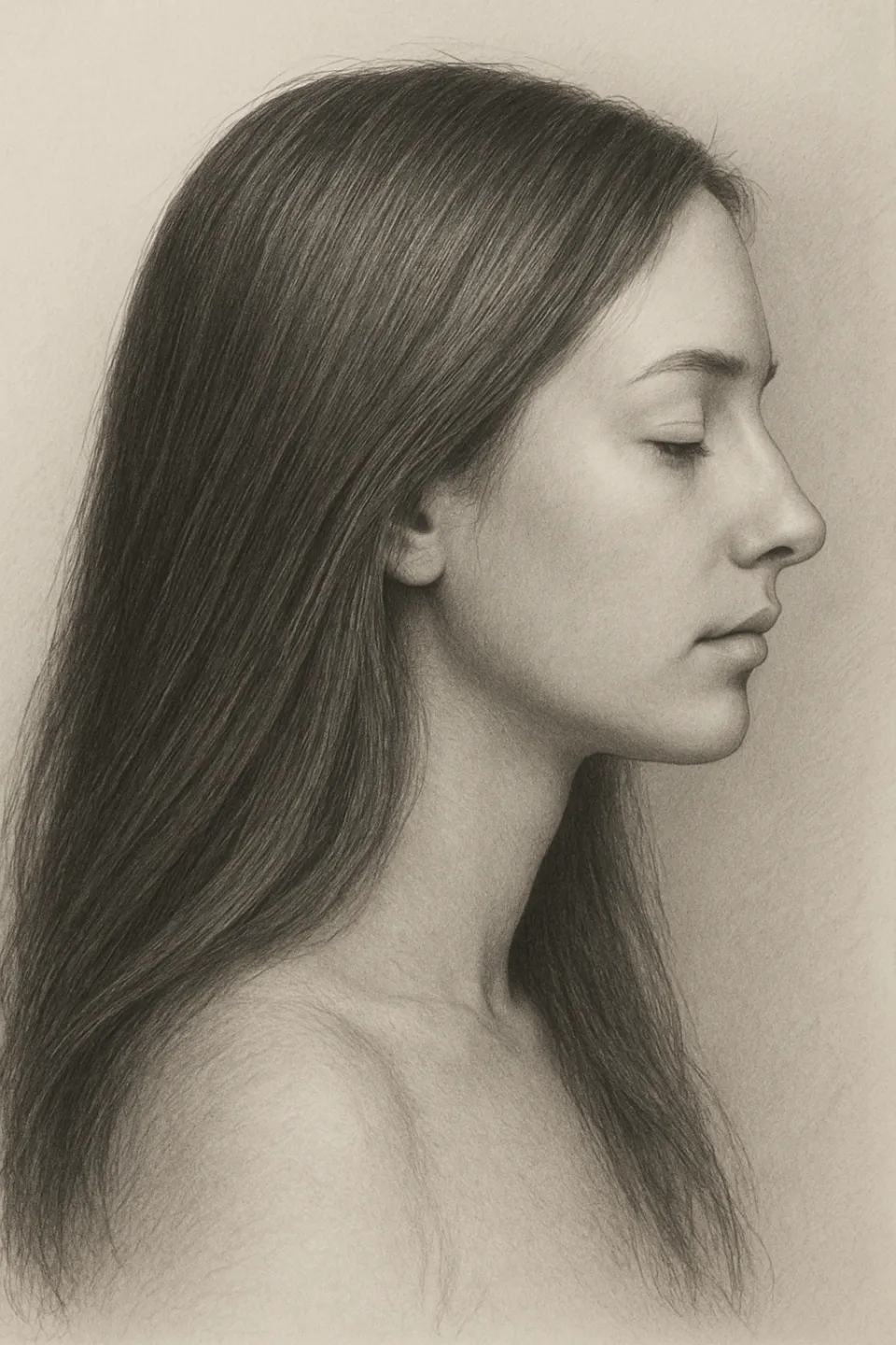 Dibujo realista limpio de una mujer con cabello largo de perfil