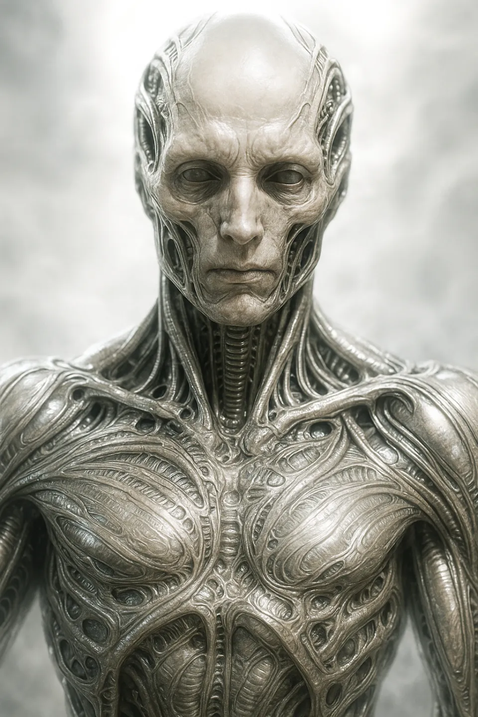 Скульптура киборга с детализированной механической структурой