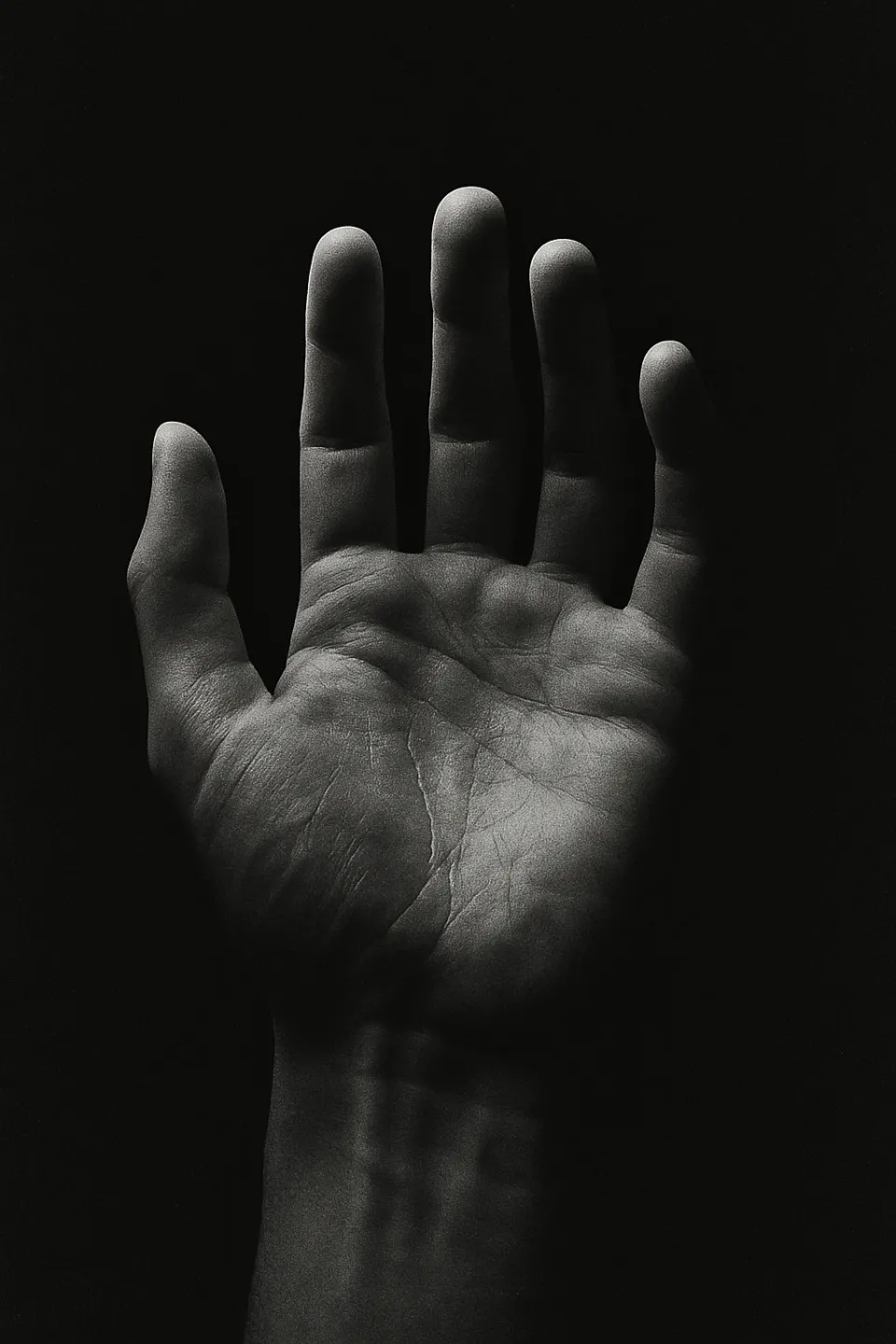 Mano de una persona con la palma abierta sobre un fondo negro