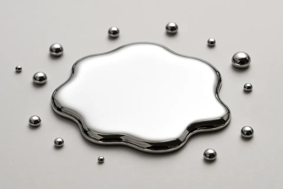 Metal en estado líquido con gotas alrededor sobre un fondo gris