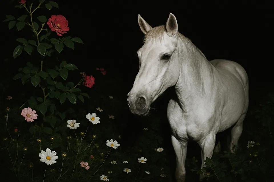 Image of a white horse against the backdrop of a night garden with flowers