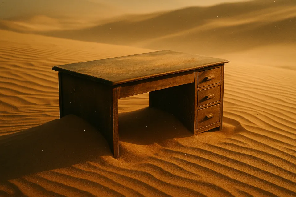 Escritorio de madera frente a las dunas desérticas
