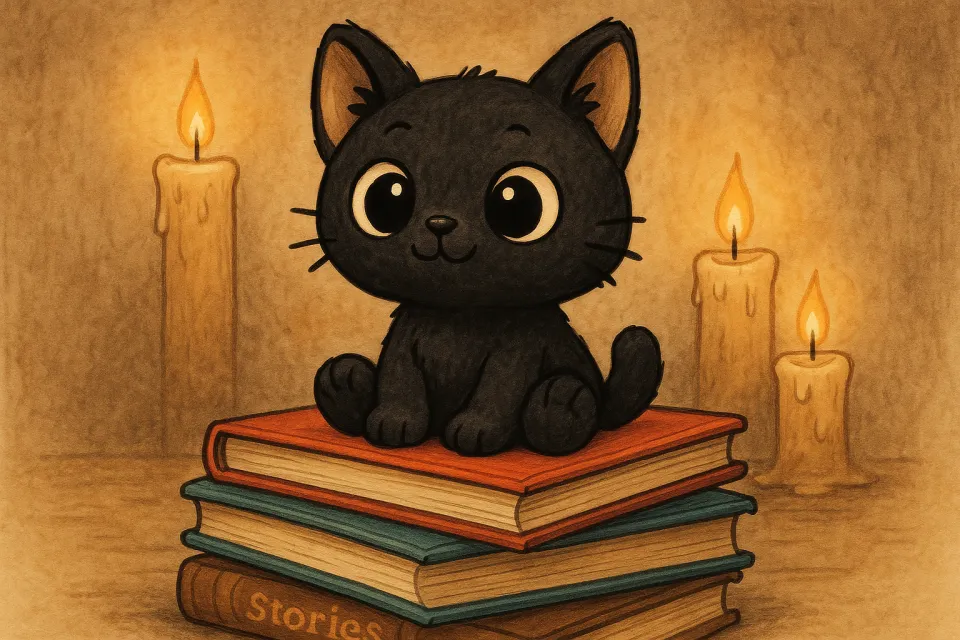 Gatita negra sentada sobre una pila de libros junto a velas