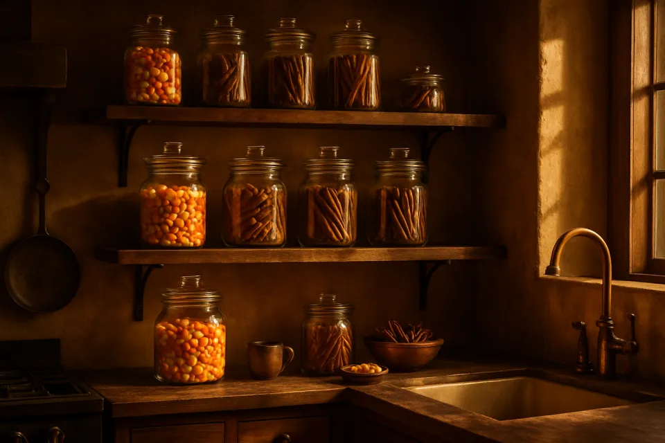 Interior de cocina con frascos de vidrio llenos de dulces y galletas