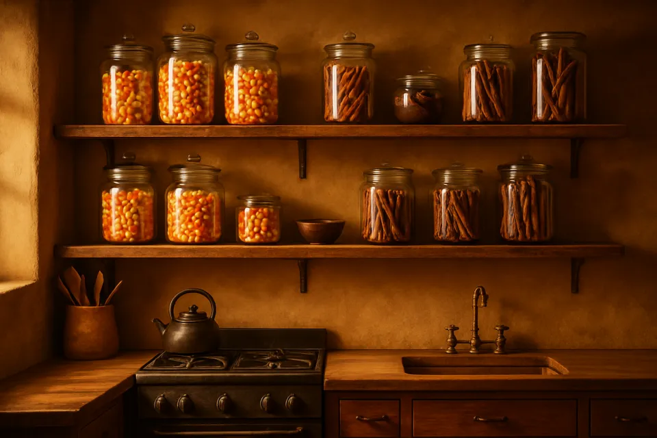 Vista estética de la cocina con frascos de dulces en las estanterías