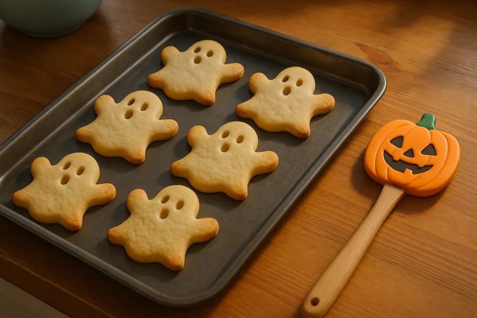 Galletas decoradas en forma de fantasmas sobre una bandeja de horno con una espátula de calabaza