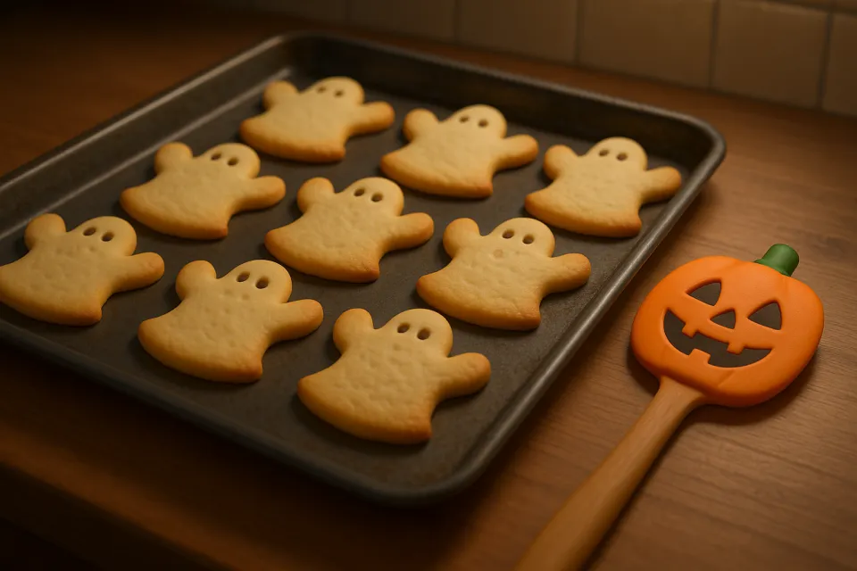 Galletas en forma de fantasmas en una bandeja junto a una espátula con forma de calabaza