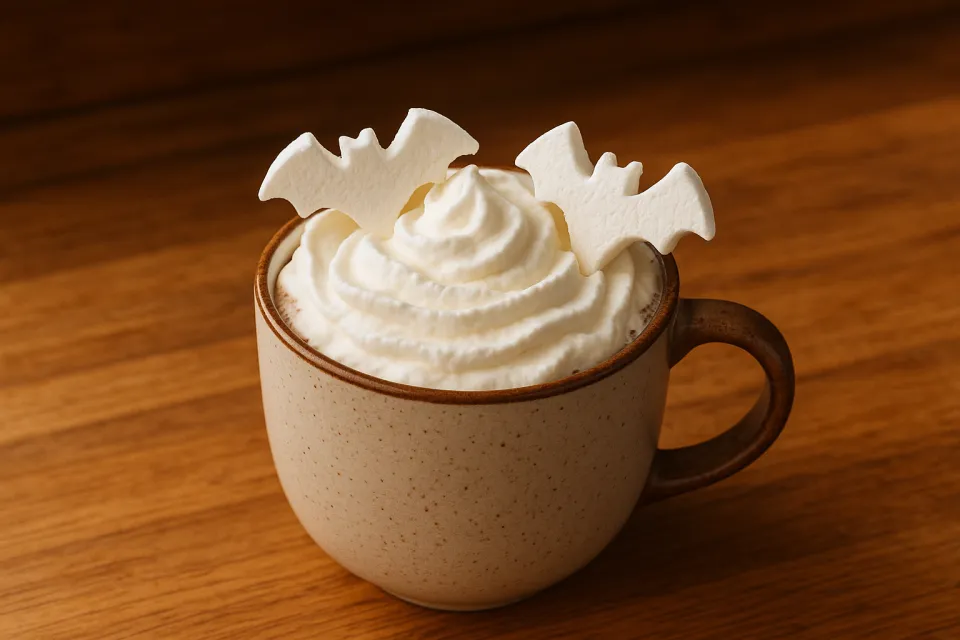 Taza de café decorada con crema batida y figuras oscuras de murciélagos