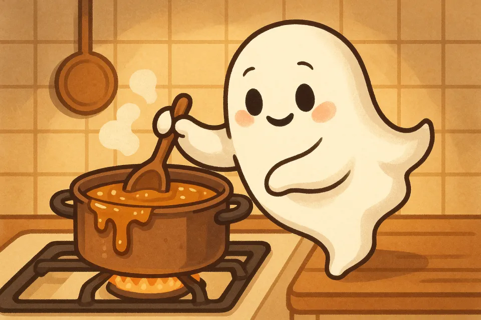 Ilustración de un fantasma cocinando sopa en la cocina