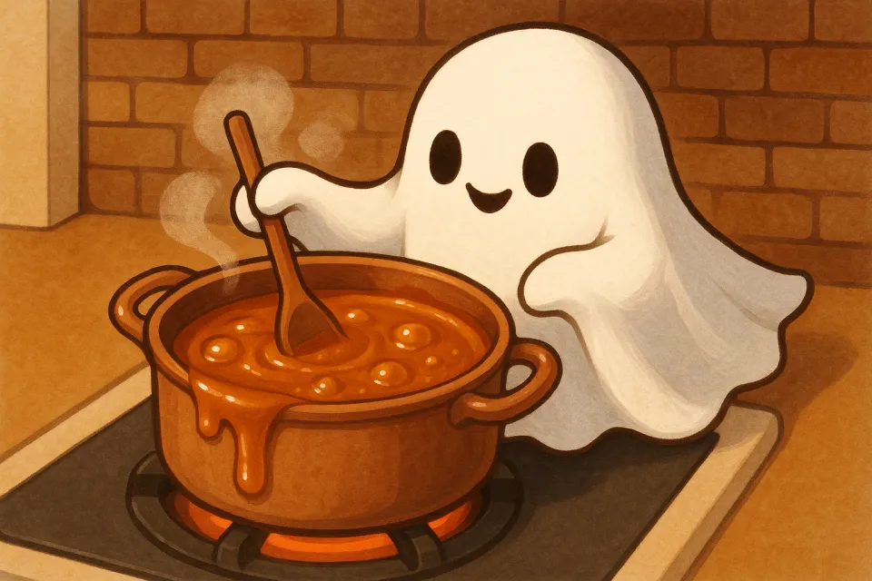 Dulce fantasma de pie junto a la estufa, cocinando comida en una cacerola