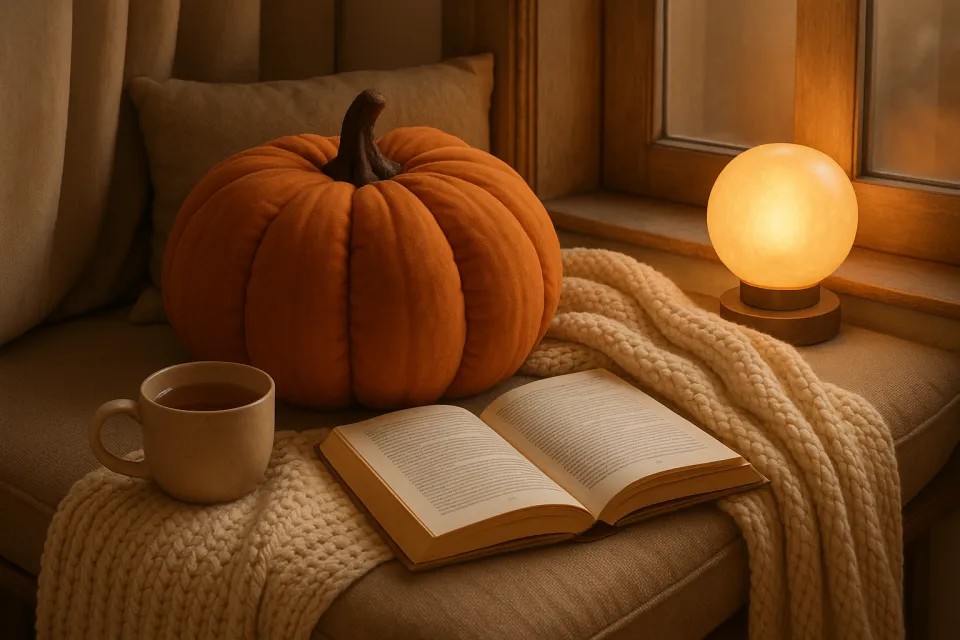 Hermosa escena otoñal con calabaza, taza de té y libro