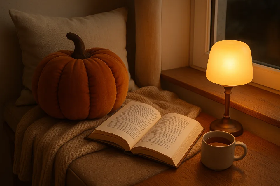 Cubículo de ambiente acogedor con un libro, una calabaza y una lámpara