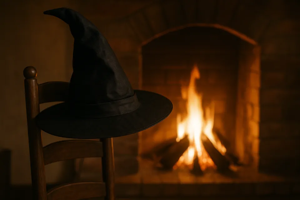 Sombrero de mago en una silla con la chimenea al fondo
