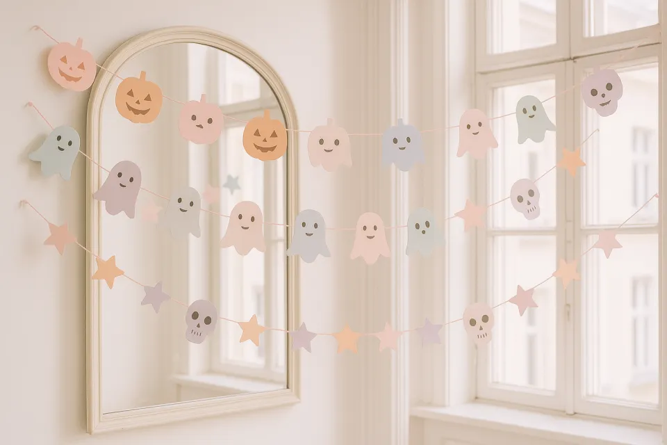 Decoración de papel colorido para Halloween en la ventana con fantasmas y calabazas