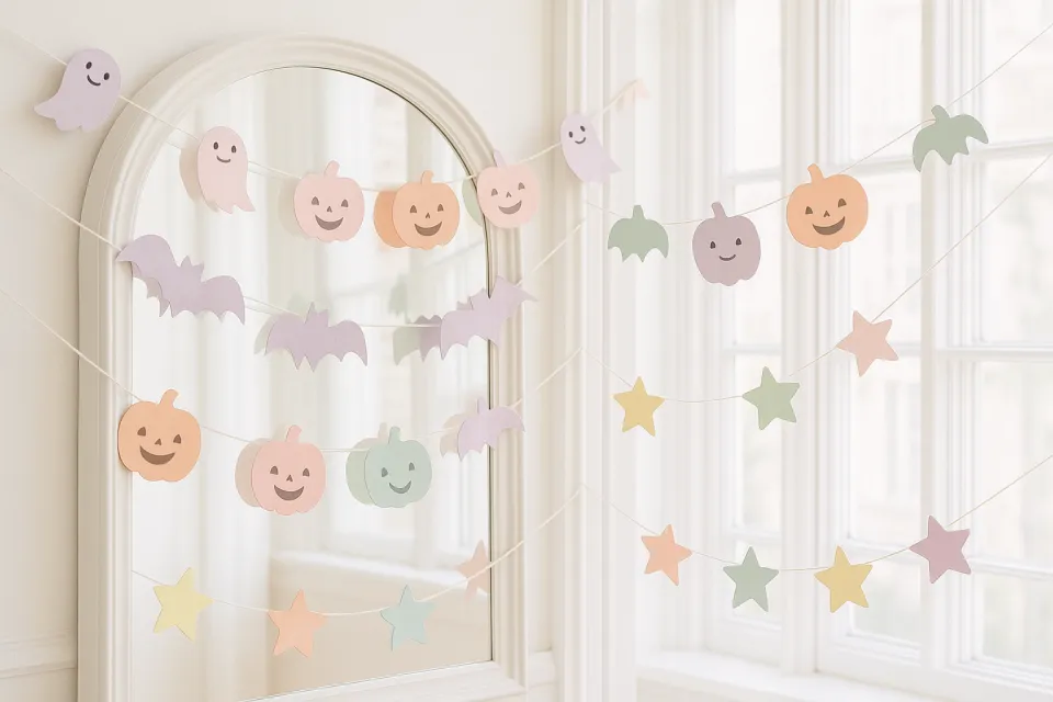 Guirnaldas con calabazas y fantasmas para la decoración de otoño del hogar