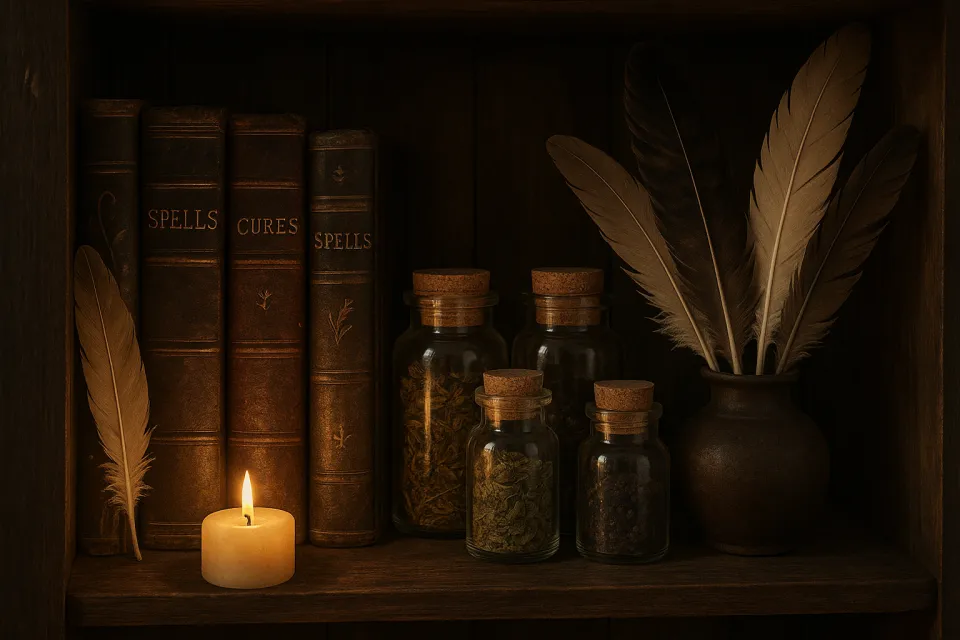 Estante con libros, pociones y plumas a la luz de las velas