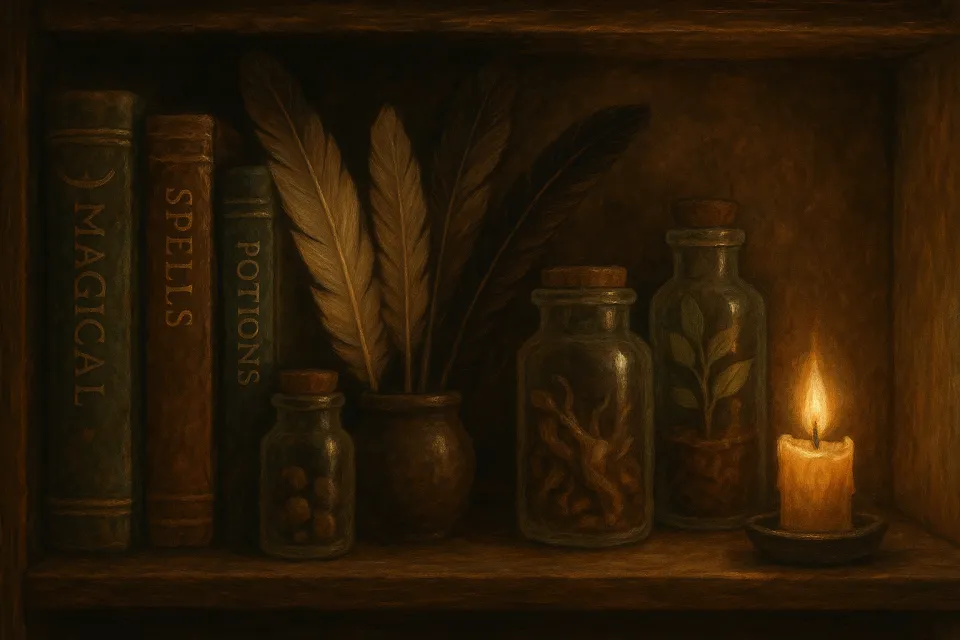 Estante con libros mágicos, pociones y una vela en una iluminación oscura