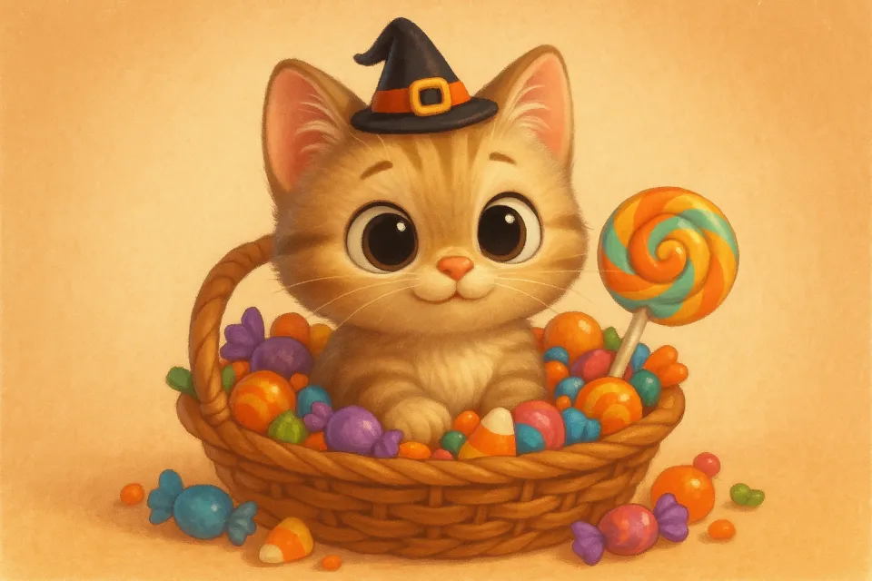 Divertida gatita con sombrero negro entre dulces en una canasta de mimbre