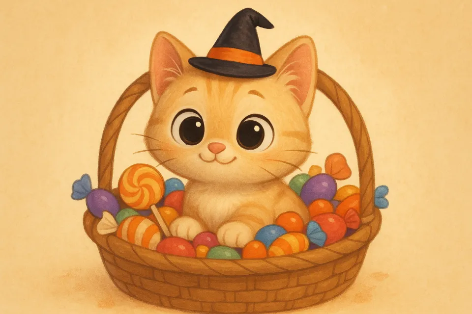 Gatito con sombrero sentado en una cesta de golosinas de colores