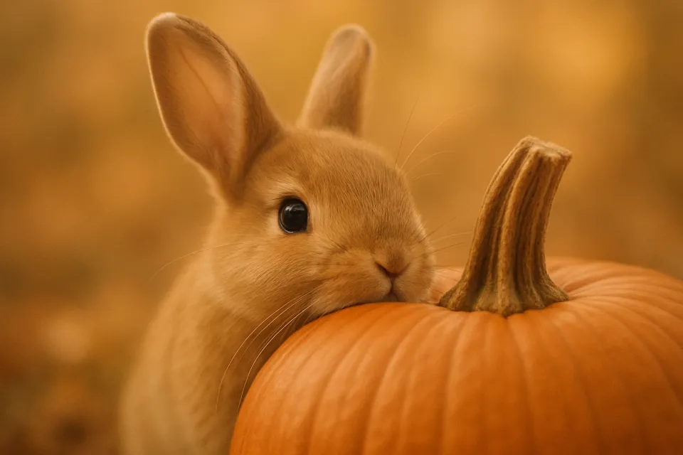 Conejo abrazándose suavemente a una calabaza sobre un fondo otoñal