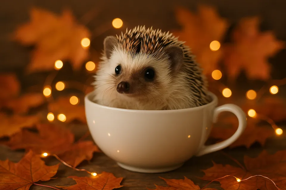 Un lindo erizo sentado en una taza blanca entre hojas caídas de otoño