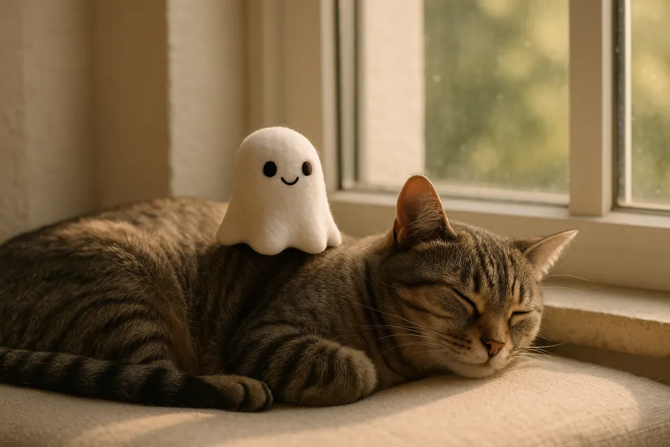 Gato durmiendo con un lindo juguete fantasmín en el cuello