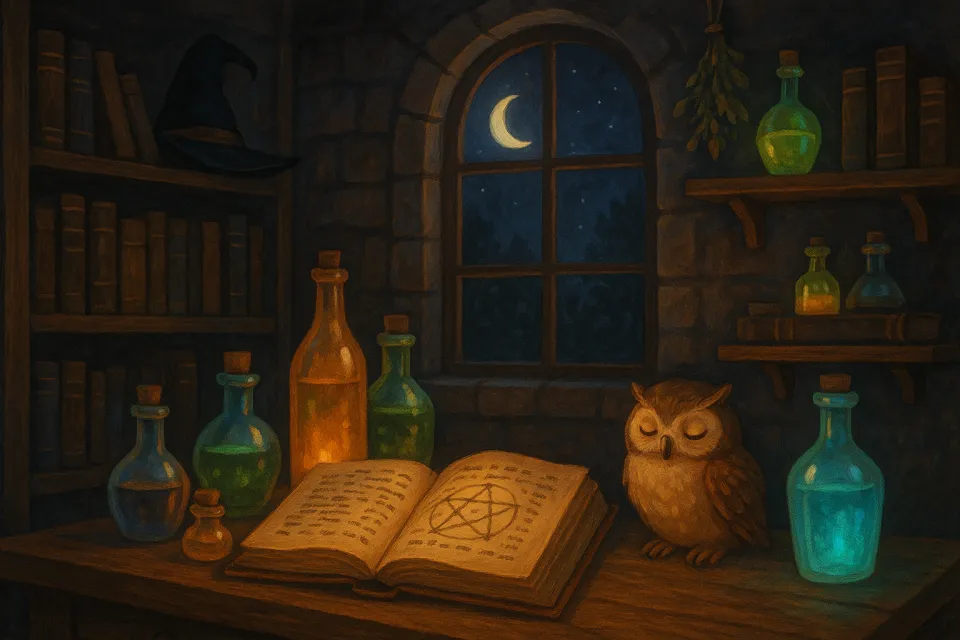 Habitación mágica con libros, pociones y búho