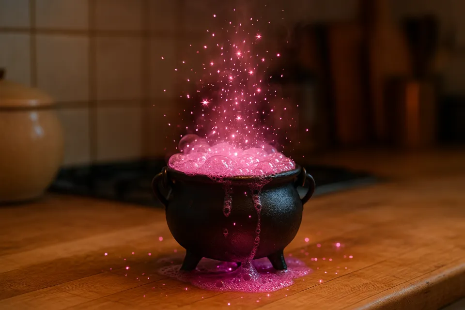 Caldera con burbujas rosadas y partículas brillantes