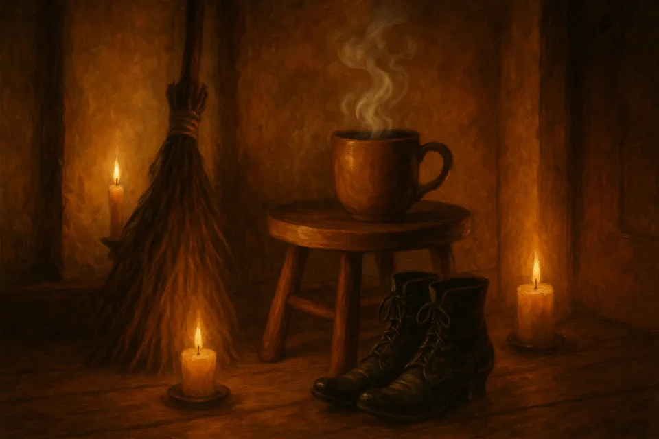 Чашка с паром, свечи, обувь и метла в тёплом интерьере
