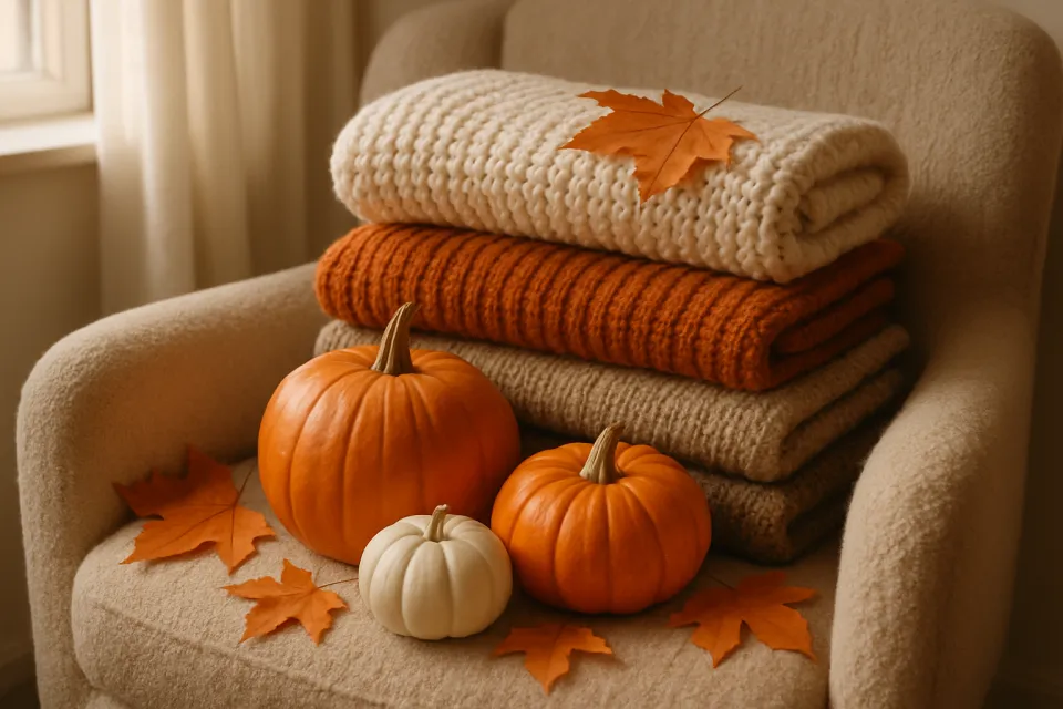 Mantas crema y naranja con calabazas y hojas en una silla