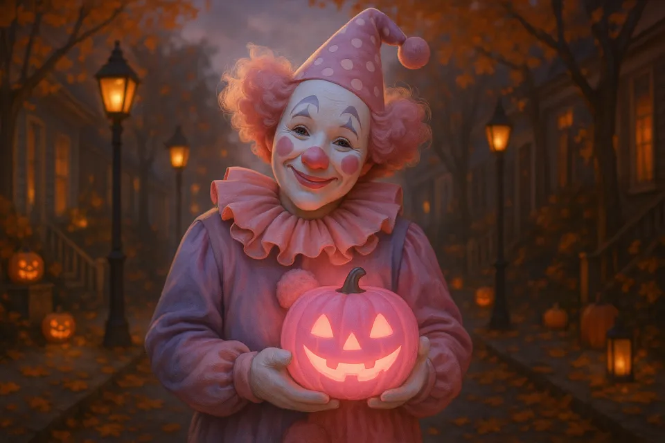 El payaso sostiene una calabaza iluminada contra el fondo de una tarde de otoño