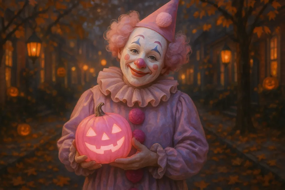 Payaso en traje rosado sosteniendo una calabaza luminosa en un parque otoñal