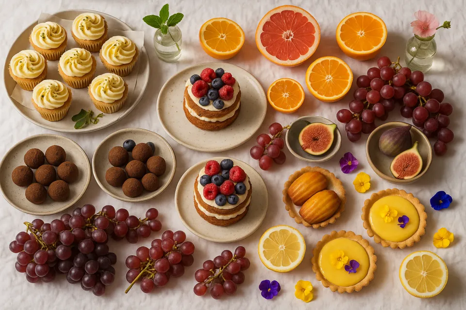 Variados postres dulces con frutas sobre un mantel blanco