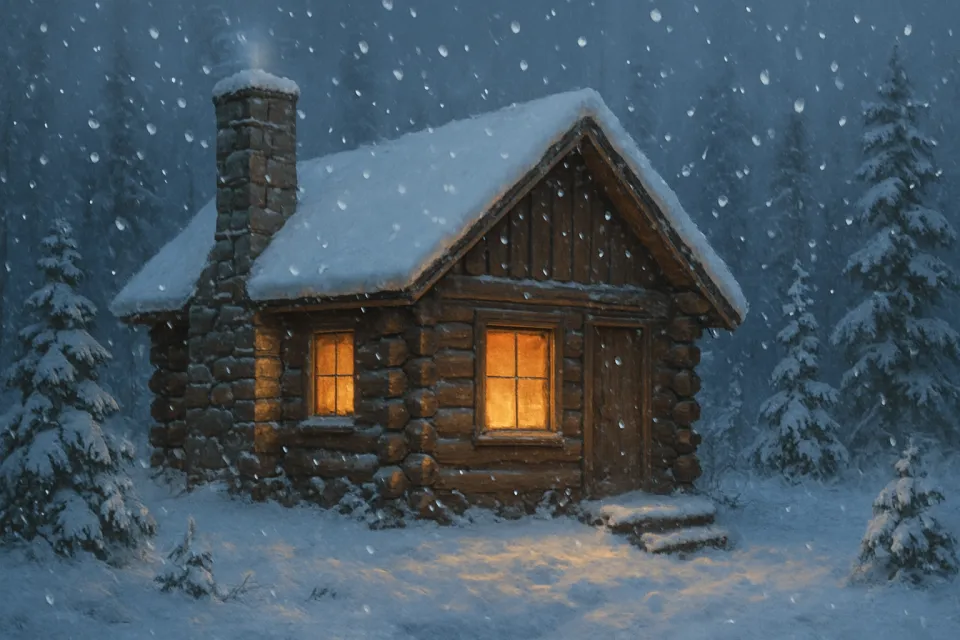 Paisaje invernal nevado con una cabaña acogedora y copos de nieve