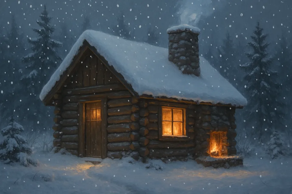 Mágica cabaña de madera rodeada de nieve y abetos