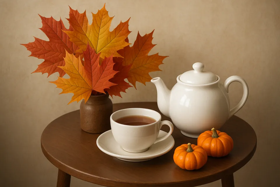 Composición otoñal cálida con té, hojas y calabazas