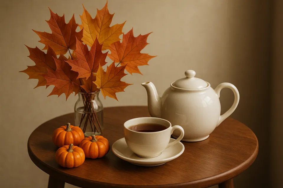 Composición de mesa con tetera, taza, calabazas y hojas de otoño