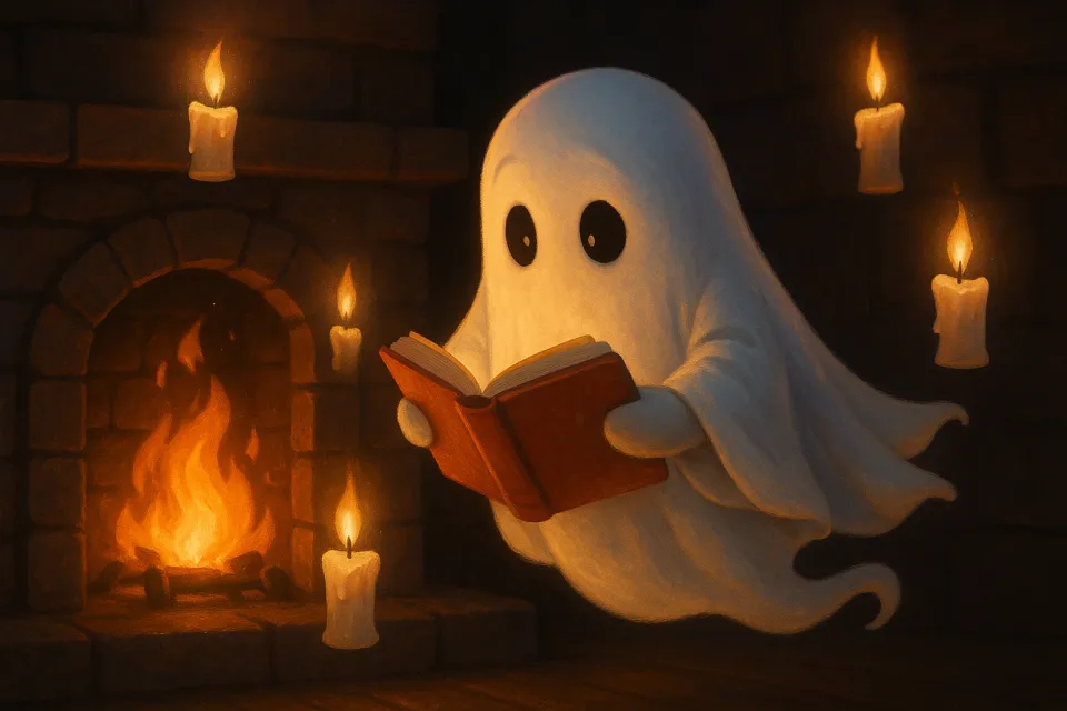 Dulce fantasma leyendo un libro a la luz de las velas y del fuego en la chimenea