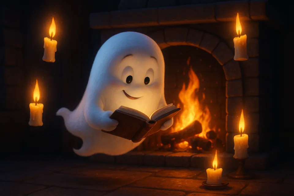 Un dulce fantasma leyendo un libro a la luz de las velas junto a la chimenea