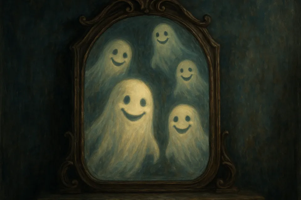 Un grupo de fantasmas sonrientes reflejándose en un viejo espejo
