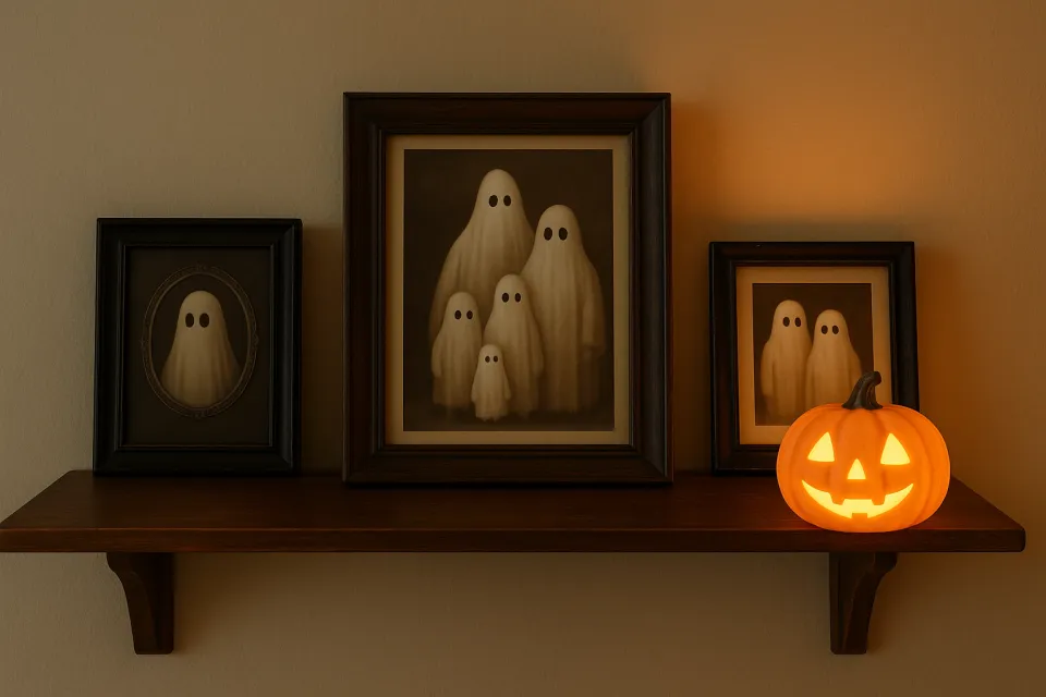 Retratos familiares de fantasmas y calabaza brillante en la estantería