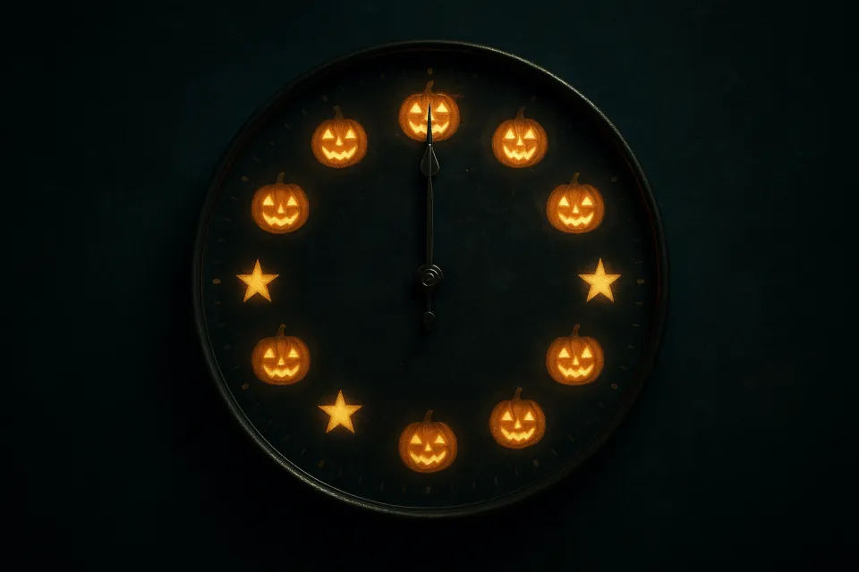 Reloj decorativo con calabazas y estrellas sobre un fondo oscuro