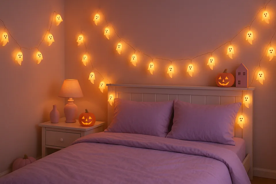 Bedroom with a ghost garland and pumpkins on the table