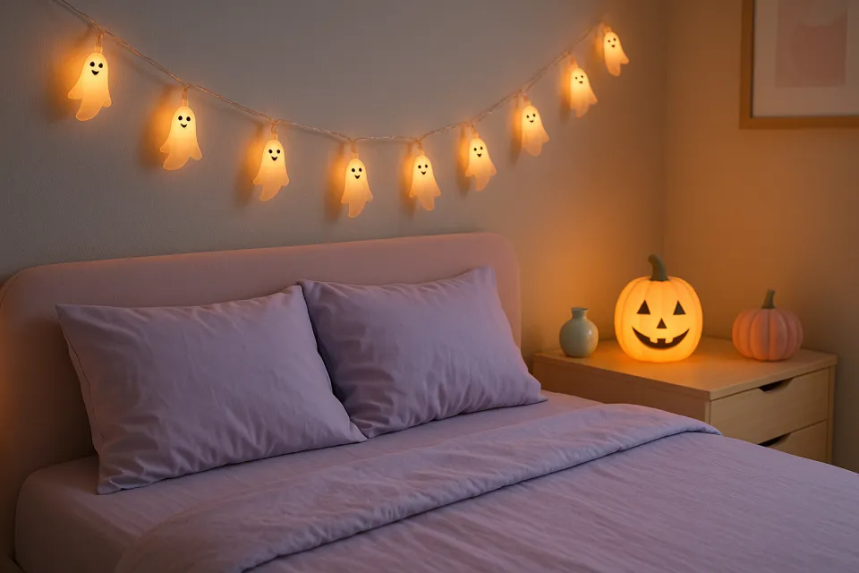 Bedroom with a garland of ghosts and pumpkin-shaped lamps